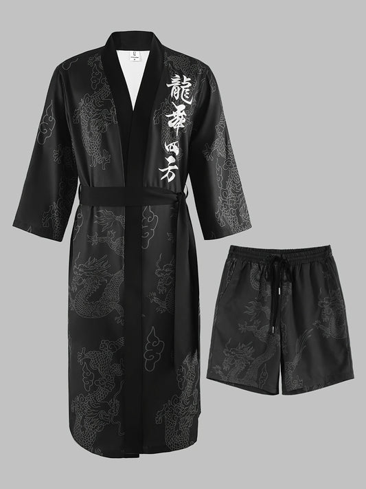 Men'S Dragon Dance Square Dragon Print Robe and Shorts Set - Casual V-Neck, Non-Stretch Polyester Home Wear with Belt Detail, Regular Fit