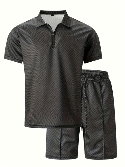 Men'S Tropical Print Casual Suit - Black Short Sleeve Zipper Shirt with White Pockets Shorts, Polyester, Machine Washable, Summer Beachwear, Summer Wear | Relaxed Fit Shirt | Woven Texture