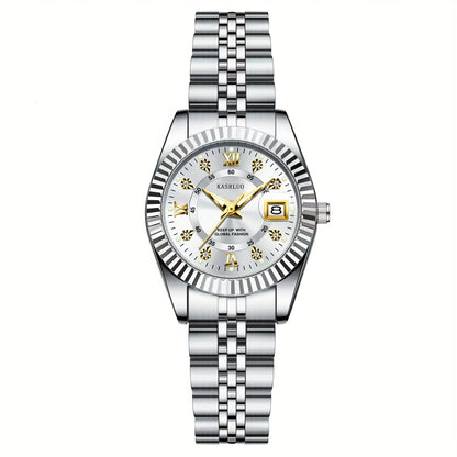 KASRLUO Elegant Women's Quartz Watch - Luminous Date, Stainless Steel Band, Precise Movement with Moon Phase Calendar, Timepiece