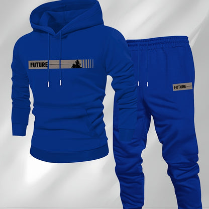 New Autumn and Winter Men's Fleece-Lined Hooded Sweatshirt Set with Print, Long-Sleeve Hoodie and Drawstring Pants for Couples