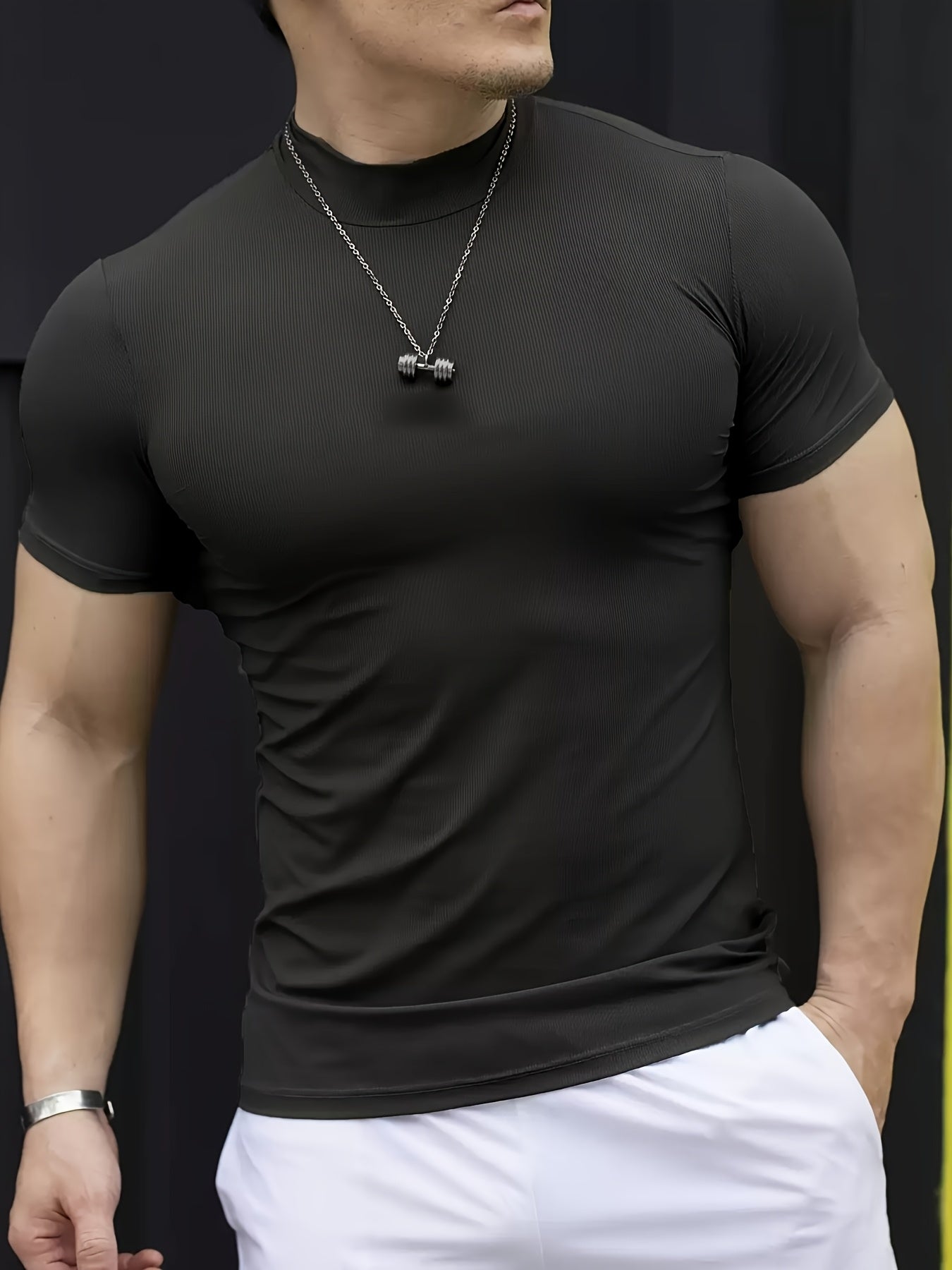 Men'S White Short Sleeve T-Shirt - Stretchy, Moisture-Wicking, Round Neck, Casual Fitness Wear for Summer, Sporty Style, Sportswear Tee | Sporty Neckline | Stretchy Fabric