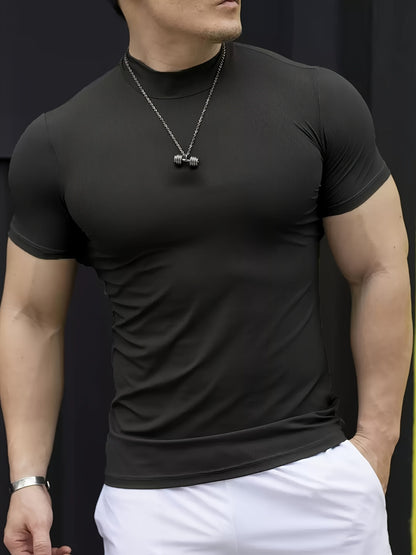 Men'S White Short Sleeve T-Shirt - Stretchy, Moisture-Wicking, Round Neck, Casual Fitness Wear for Summer, Sporty Style, Sportswear Tee | Sporty Neckline | Stretchy Fabric