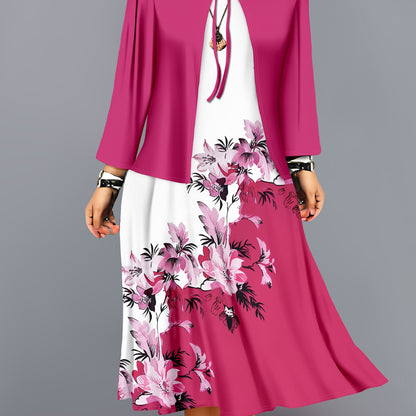 Fashion Women's solid color small cardigan and floral print patchwork dress two-piece set