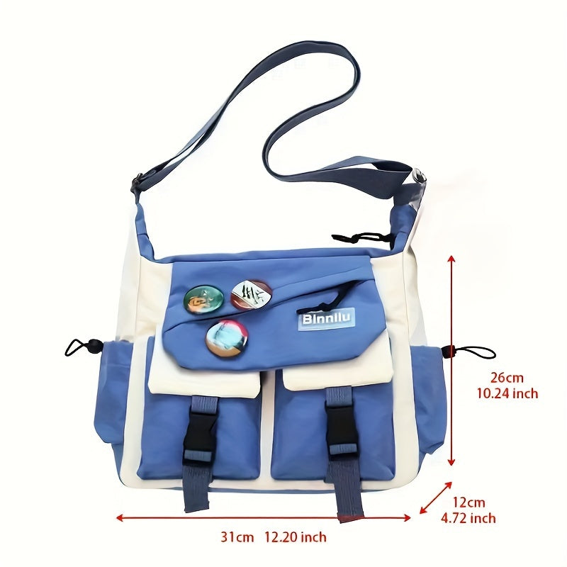Trendy Nylon Messenger Bag - Casual Japanese-Inspired Shoulder Bag with Adjustable Strap, Large Capacity, Multi-Pocket Design for School & Sports, Blue & White