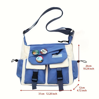 Trendy Nylon Messenger Bag - Casual Japanese-Inspired Shoulder Bag with Adjustable Strap, Large Capacity, Multi-Pocket Design for School & Sports, Blue & White