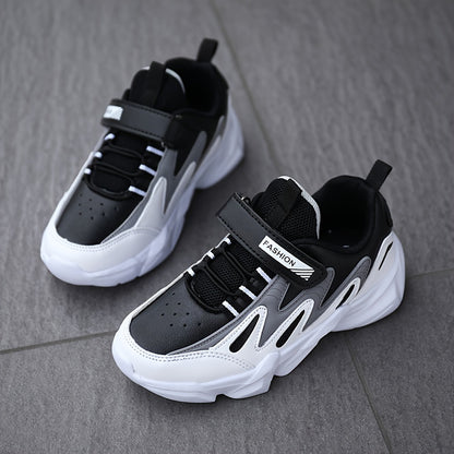 Youngsters' Lightweight Sporty Casual Sneakers with Closure, Geometric Color-Block Design, PU Upper & EVA Sole for Winter/Autumn - Breathable Fabric Lining, Grey & White, Winter Youngsters Footwear | Durable EVA Sole, Girls S