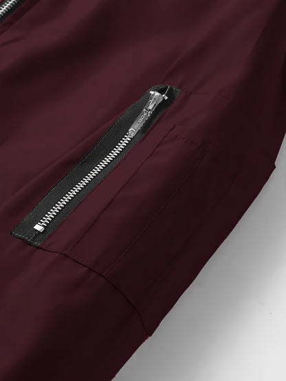 Men'S Casual Bomber Jacket - Maroon Zip-Up Baseball Coat with Black Trim, Long Sleeves, and Front Pockets for Casual Attire, Casual Outerwear | Stylish Casual Jacket | Polyester Lining