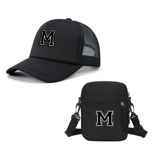 2pcs Men'S And Women'S 26-Letter Printed Trucker Hat & Bag Set, Mesh Breathable Versatile Casual Sun Hat, Suitable for Holiday Vacation, Mountain Climbing, Camping, Outdoor Street And Other Scenes, Suitable As a Birthday, Hol