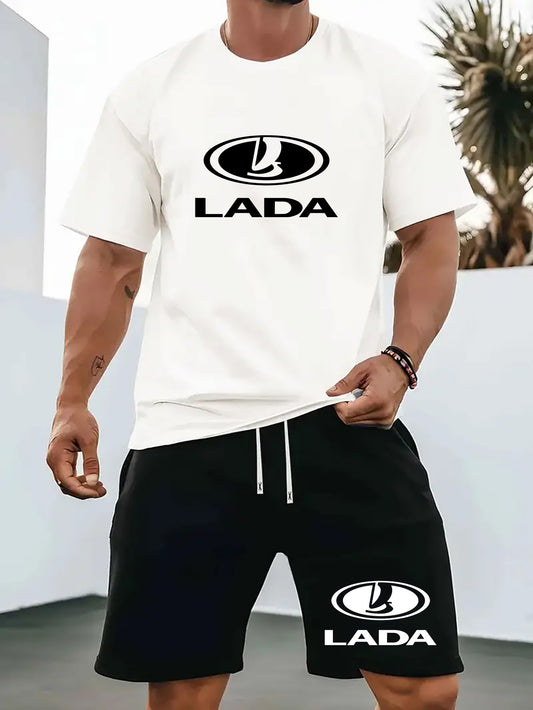 Men'S Summer Casual Sport Two-Piece Set - LADA Letter Pattern Print T-Shirt and Black Drawstring Shorts, Casual Sportswear, Regular Fit - Perfect for Summer Outdoor