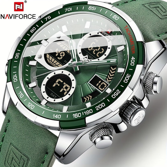 NAVIFORCE Men's Luxury Sports Quartz Watch - Waterproof, Genuine Leather Strap, Dual Display with Date & Chronograph Functions, Case, Green Accents, Luxury Timepiece|Tachymeter Equipped|Genuine Leather Band Valentine's Day