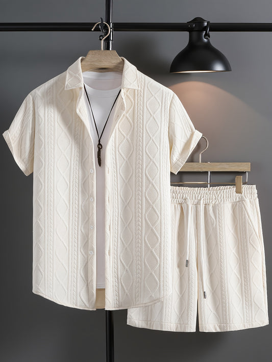 Men's Set Shirt Short Sleeve Shorts Thick Solid Color Knit Jacquard Casual Comfort High-Quality Two-Piece Set