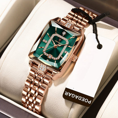 POEDAGAR Elegant Women's Quartz Watch - Rose Golden Stainless Steel, (3ATM), Square Dial with Gemstone Accents, Date Display, Luxury Fashion Accessory for Casual or Formal Occasions