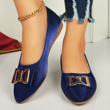 Women's Elegant Red Slip-On Flats with Golden Double Buckle Design - Comfortable Faux Cover Shoes for All Seasons, Pointed Toe Rubber Sole, Perfect for Casual or Dressy Occasions, Dressy Flats | Buckle Embellished Shoes | Lux