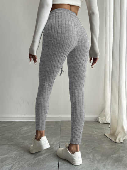 High-Waisted Drawstring Skinny Knitted Pants For Everyday Wear - Solid Color Women's Casual Clothing