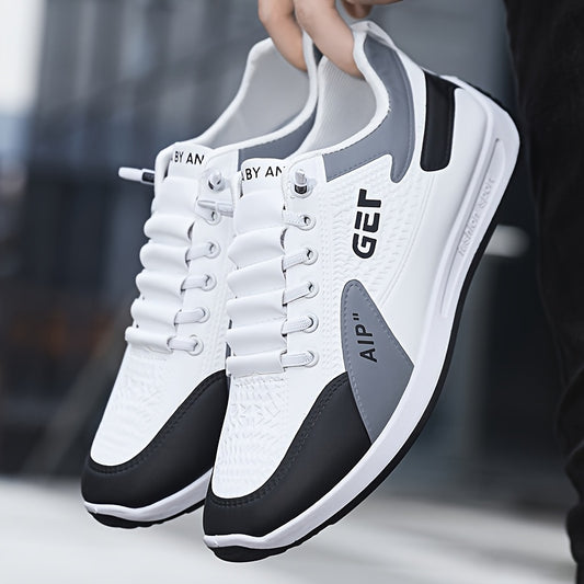 Men's White/Grey/Black Casual Sneakers - Low-Top Lace-Up Shoes with Cushioned Rubber Sole, PU Upper & Fabric Lining - Lightweight Everyday Walking Shoes for Gym, Office, Travel - Minimalist Athletic Footwear, Shoes Sneakers,