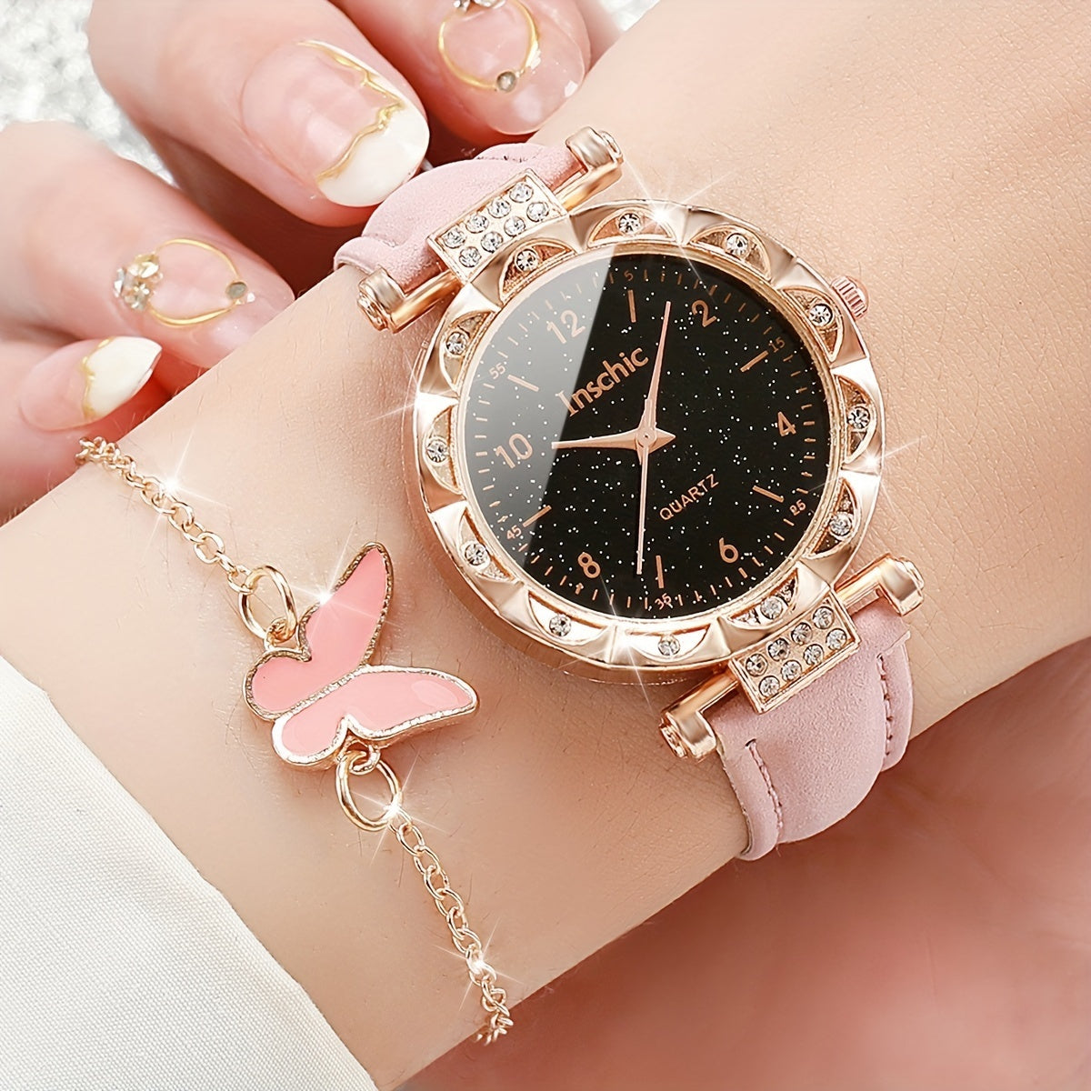 [6pcs Women'S Quartz Watch and Jewelry Set] 6pcs Women'S Quartz Watch and Butterfly Jewelry Set, Round Alloy Case, PU Leather Band, Analog Display with Rhinestone Embellishments, Non-Rechargeable Button Battery, with Gift Set
