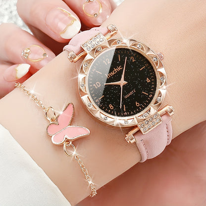 [6pcs Women'S Quartz Watch and Jewelry Set] 6pcs Women'S Quartz Watch and Butterfly Jewelry Set, Round Alloy Case, PU Leather Band, Analog Display with Rhinestone Embellishments, Non-Rechargeable Button Battery, with Gift Set
