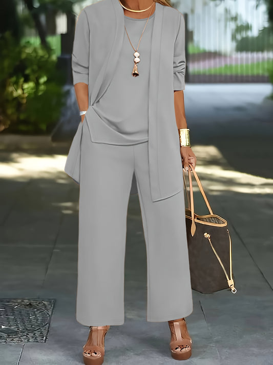 Plus Size - Spring and Autumn Women'S Simple Casual Solid Color Jacket Top Cardigan + Round Neck Sleeveless Vest + Elastic Waist Drape Pocket Straight Pants Three-Piece Set Commuting Suit