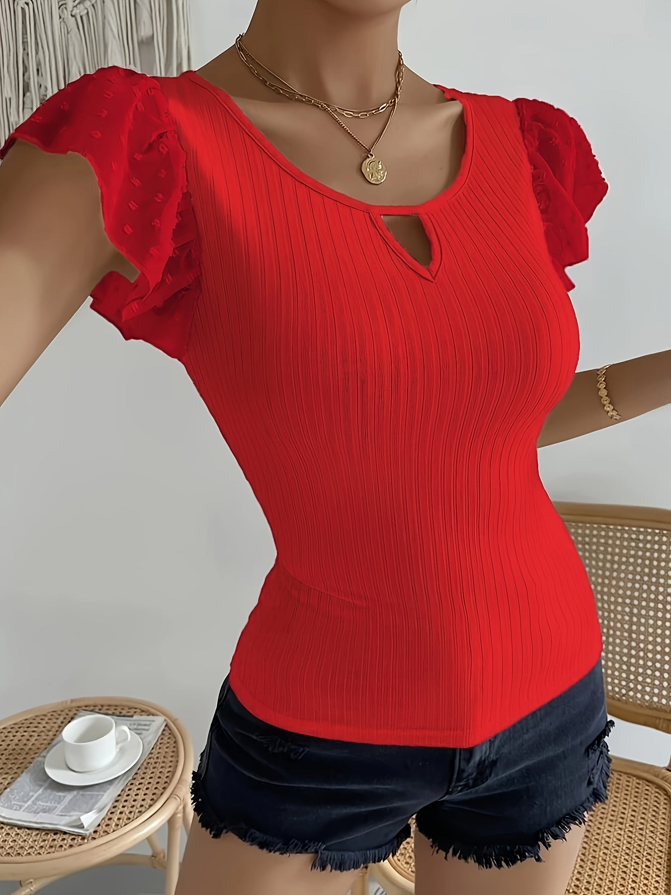 Women's V-Neck Lace Sleeve Top - Middle Eastern-Inspired Breathable Stretchy T-Shirt, Solid Blue Machine Washable Spring/Summer Casual & Formal Wear, Summer Outfit, Feminine Style, Comfortable Fit, Stylish Blouse, Summer Ward