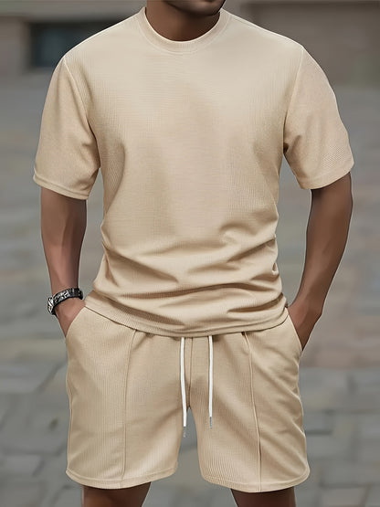European and American Style Men's Basic Solid Color Set Round Neck Short Sleeve T-Shirt + Shorts Two-Piece Suit
