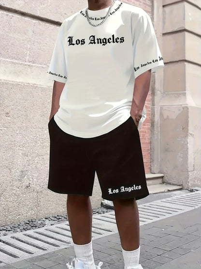 Men'S Los Angeles Graphic Print Casual Sportswear Set - Breathable Summer Short Sleeve T-Shirt & Drawstring Shorts with Pockets, Regular Fit, Crew Neck, Comfortable & Stylish for Casual Attire, Leisure Clothing | Trendy Sport