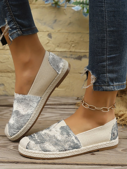 Women's Breathable Slip-On Loafers - Soft Sole Casual Walking Shoes, Lightweight & Comfortable, Beige Floral Pattern Fabric Upper, PU Cover Sole, Perfect for Casual Attire, Allseason Loafers | Slipon Comfort | Soft Sole Shoes