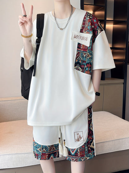 2pcs Men's Summer Casual Outdoor Set, Fashion Ethnic Style Round Neck Short Sleeve T-Shirt and Shorts Suit with Embroidery Design Loose Fit, Short Sleeve + Drawstring Shorts Combo, Suitable for Summer Outdoor Activities