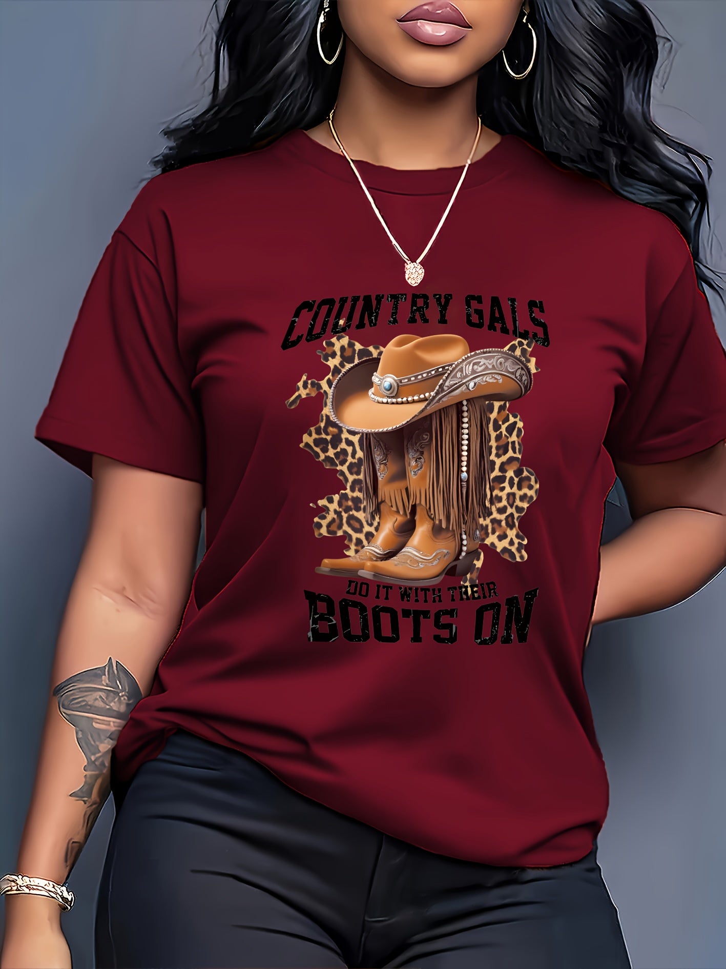 Women's Casual Short Sleeve T-Shirt with Cartoon Cowboy Boots & Leopard Print Graphic, "Country Gals Do It with Their Boots On" Slogan, Vibrant Orange Round Neck Tee, Machine Washable Regular Fit, Allseason Top, Semitranspare