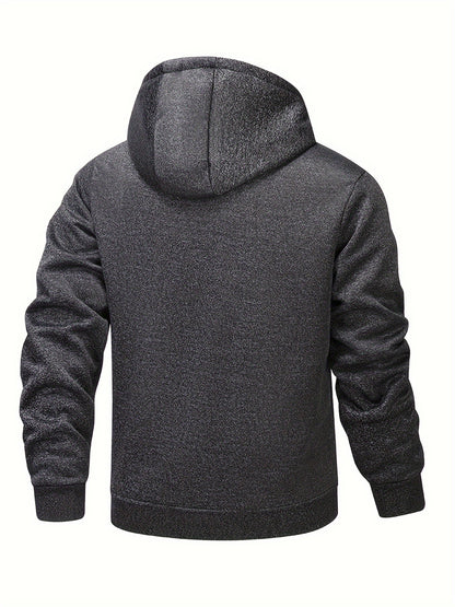 1pc Men'S Casual Style Hooded Jacket, Thick Fleece Lined, Warm Autumn/Winter Fashion, Solid Color, Polyester Knit with Pockets, Regular Fit
