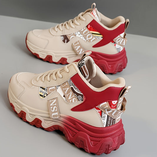 Women's Breathable Lightweight Running Shoes - Trendy Color Block Design with "NO Fear Limits" Print, Casual Athletic Sneakers, Lace-Up Closure, Beige & Red Upper, Rubber Sole, All-Season Wear, Ladies Sneakers, Sporty Lifesty