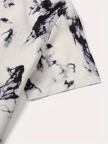 2pcs, Men'S Short-Sleeved Button- Collar Shirt, Print Pattern, Paired with Drawstring Shorts, Men'S Trendy Casual Daily Wea