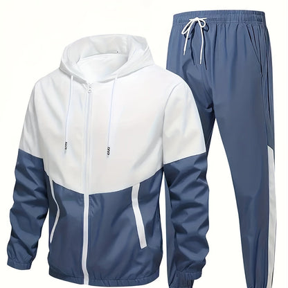 2pcs Men's Hooded Tracksuit - Lightweight Polyester Active Wear Set For Spring/Autumn With Pockets, Long Sleeve Jacket And Jogger Pants