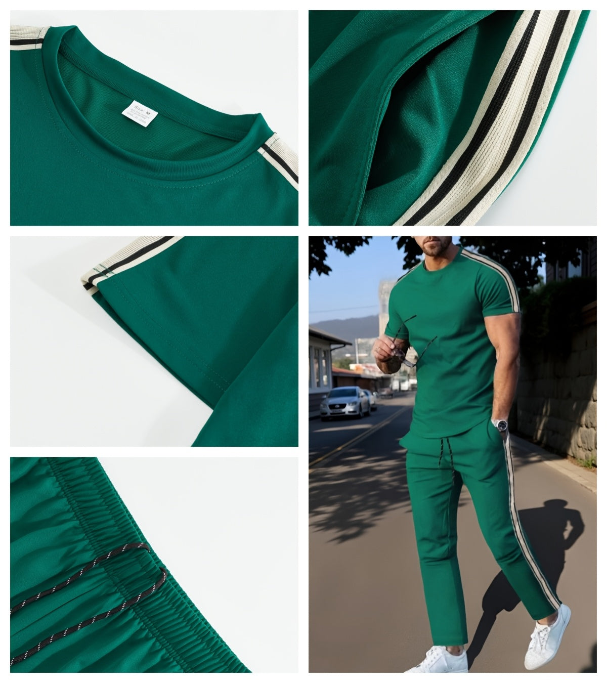 Cross-Border New Summer 2pcs Short-Sleeved T-Shirt And Long Pants Casual Men'S Casual Outdoor Sports Suit, Side Stripe Casual And Fashionable Men'S 2pcs Set
