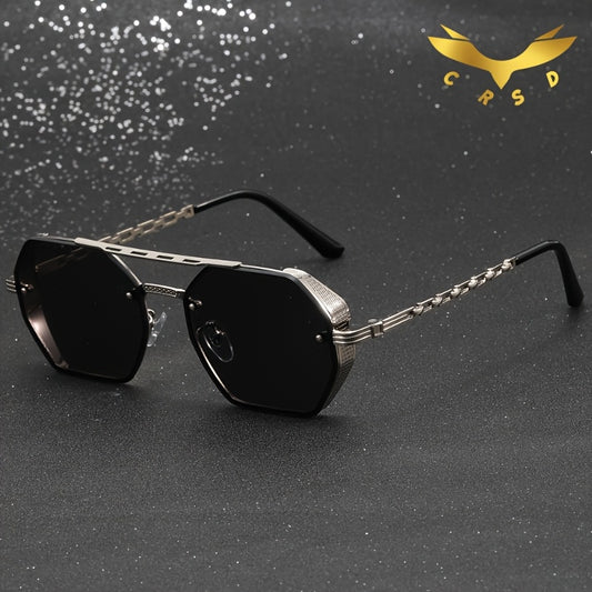 1pc Stylish Polygonal Golden Frame Fashion Glasses with Chain Link Design - Black Metal Fashion Glasses for Fashion-Forward Look