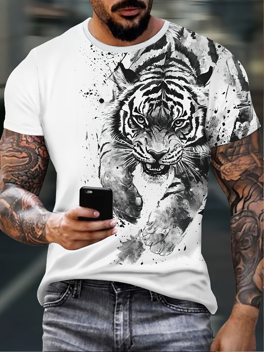 Men'S 3D Tiger Print T-Shirt - Casual Streetwear Short Sleeve, White with Black & Gray Tiger Design, Comfortable Summer Polyester Tee for Casual Attire, Urban Style Apparel | Tiger Graphic Tee | Quality Embroider