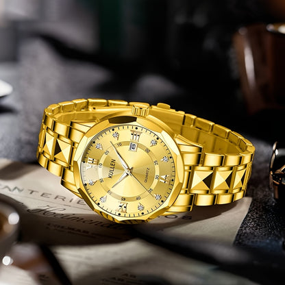 Men's Stylish Business Quartz Watch with Stainless Steel Strap & Alloy Case, Round Blue Dial with Golden Accents – Elegant Analog Display for Formal Occasions, Valentine's Day, Thanksgiving, and Ramadan Gifts