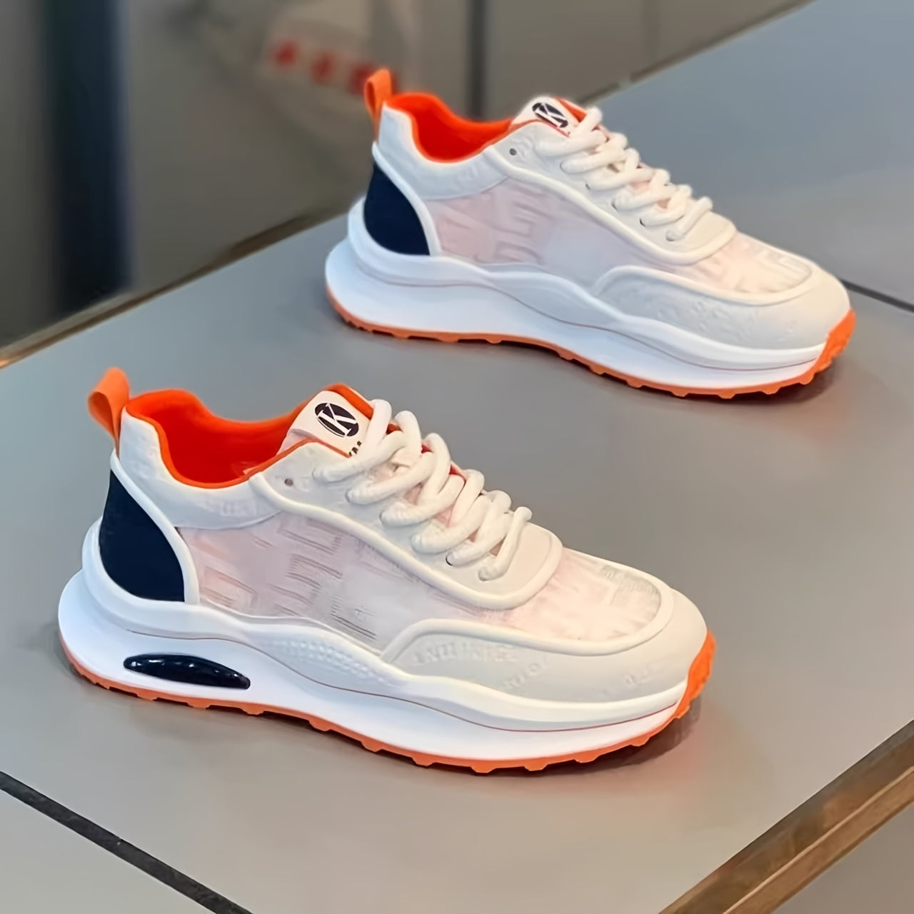 Men's Lightweight Breathable Low-Top Sneakers - PU Upper & PVC Sole, White/Navy/Red Accents, Lace-Up Round Toe for Casual, Outdoor, Running & Gym - All-Season Comfort Shoes, Casual Footwear, Geometric Pattern, Comfortable Fit