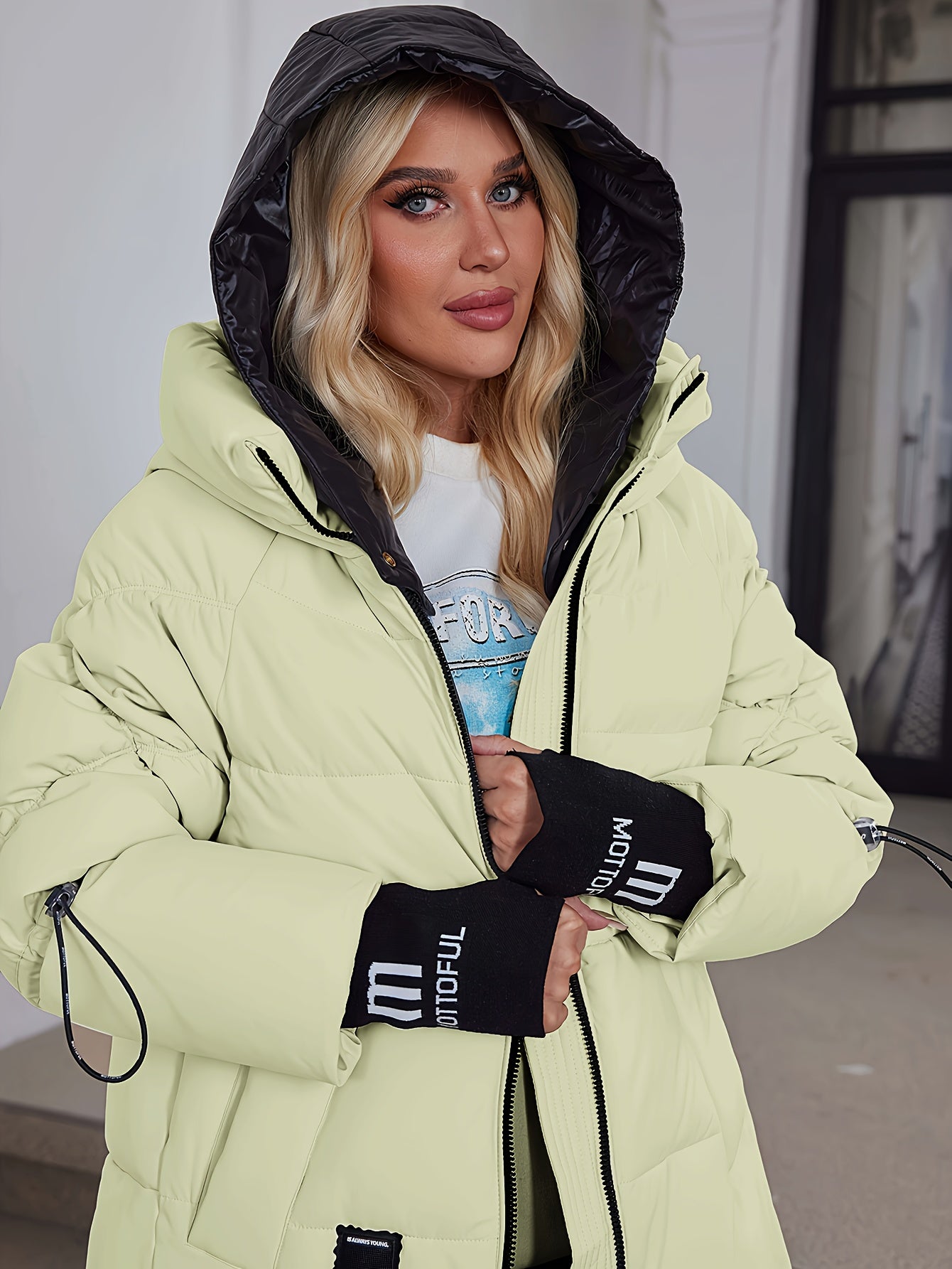 Women's Stylish Beige Puffer Jacket - Casual Warm Winter Coat with Black Trim, Long Sleeves & Zippered Hood, Polyester Fabric for Outdoor Comfort