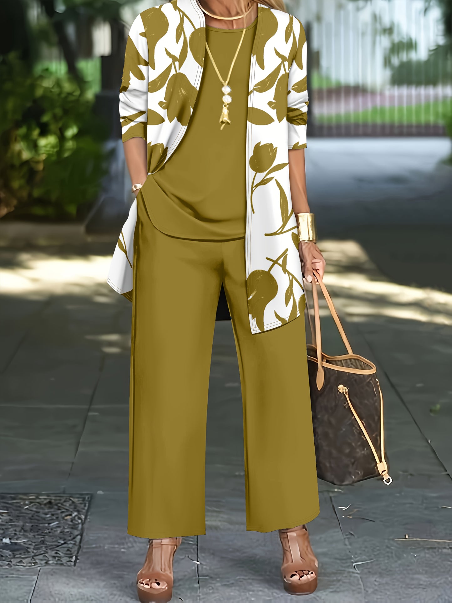 Women'S 3pcs Set, Floral Print Cardigan with Solid Color Cami and Wide-Leg Pants Casual Outfit