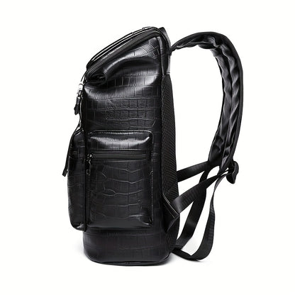 Unisex Backpack with Crocodile Texture, Large Capacity, Anti-Theft, Multi-Compartment, Fits 14-inch Laptop, Casual Travel & Business Commute, Minimalist Style, No Battery - Black