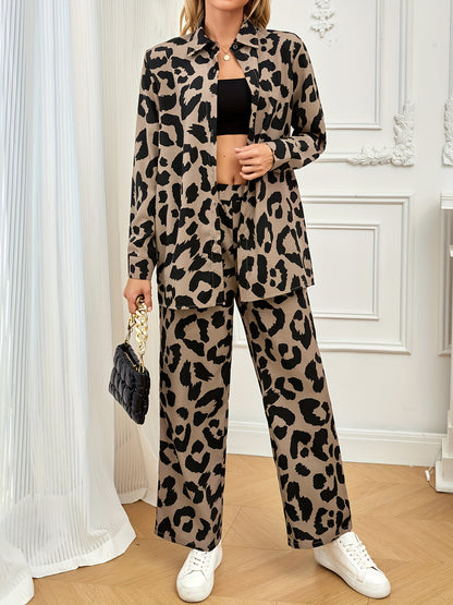 Elegant Women's Leopard Print Pants Set - Polyester Woven Suit with Notched Collar, All-Season Fashion Statement