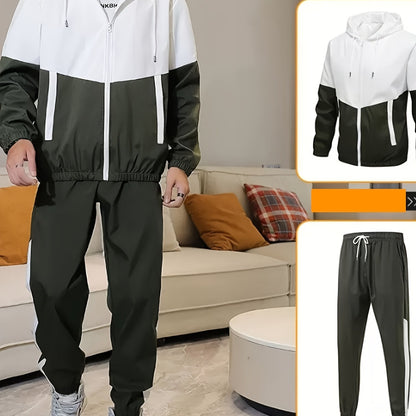 Men's Spring Autumn Outdoor Sports Training Casual Color Block Stitched Hoodie Adjustable Set Home Top and Pants Fashionable Windproof Jacket Pants Two-Piece Suit