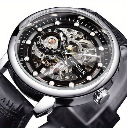Men'S Luxury Mechanical Skeleton Watch with Golden-Tone Alloy Case & Faux Leather Strap - Mechanical Hand-Wind, World Time, Date Display, Elegant Fashion Accessory for Casual Attire, Mechanical Watch, Sophisticated Design, In