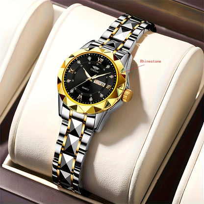 1pc Women's Stainless Steel Watch with Luminous Blue Dial, Date & Day Display, High Quality IPX7, Quartz Movement - Casual Elegant Design for Sports & Travel, Birthday Holiday Gift, Casual Attire, Secure Clasp Wristwatch