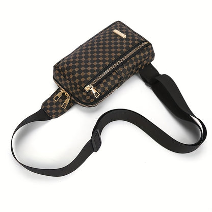 Men'S Classic Black PU Crossbody Bag with Geometric Pattern, Key Holder, Zipper Closure, Polyester Lining, Urban Style, Commuter Bag|Geometric Pattern Bag|Zippered Closure Bag