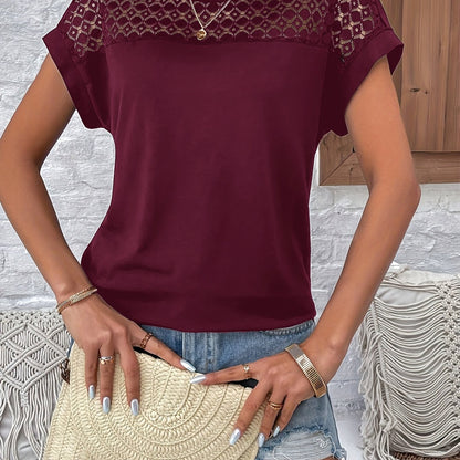 Women's Batwing Short Sleeve T-Shirt - Lace Contrast Raglan Sleeves, Round Neck Longline Top, Burgundy & White Elegant Design, Machine Washable All-Season Casual Wear, Vacation Clothing, Nontransparent Fabric