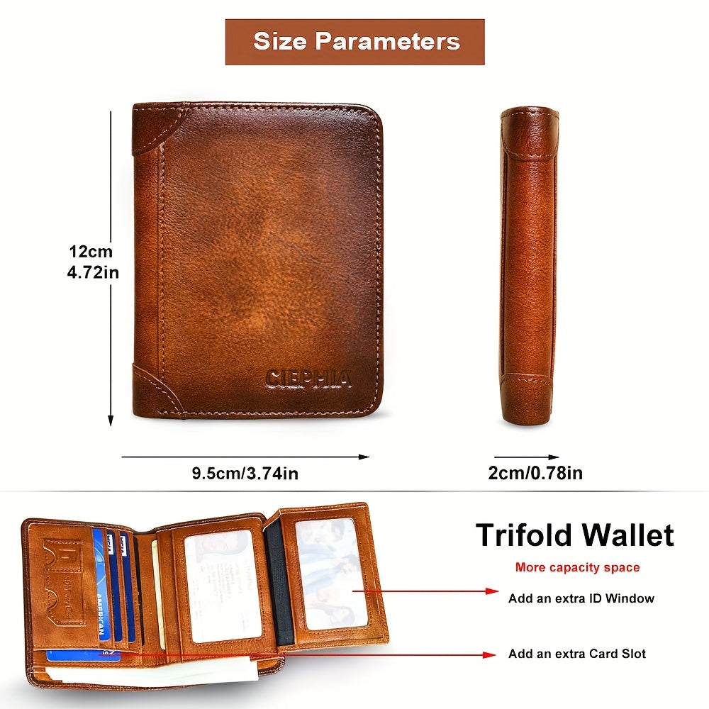 1pc CIEPHIA Vintage Genuine Leather RFID Blocking Wallet for Men - Slim, Multi-Functional ID & Credit Card Holder, Deep Brown with Embossed Logo, Ideal Gift for Valentine's Day