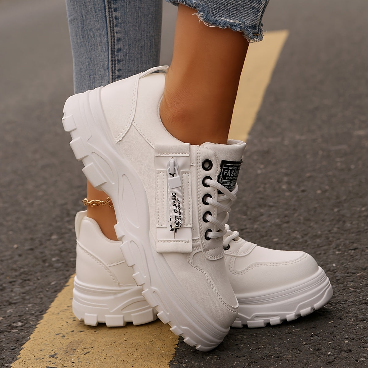 Women'S Breathable Knit Sneakers - Lightweight Thick Sole Casual Walking Shoes in White & Black, Synthetic Cover Upper with Rubber Outsole, Lace-Up Low-Top Design for Indoor/Outdoor, Travel, Beach & Shopping - Cute Gift for M