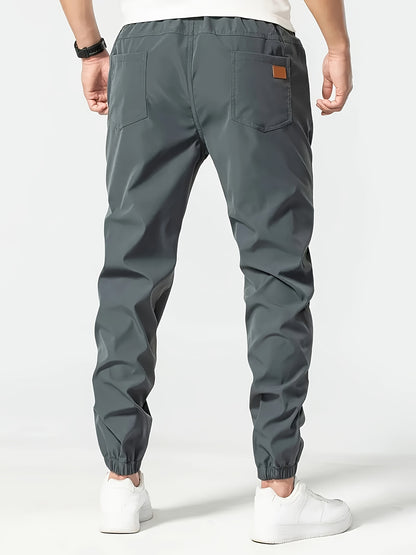3pcs Men's Solid Color Drawstring Joggers - Casual Cargo Cropped Pants, Polyester, Machine Washable, in Black, Dark Gray, Olive Green with Patch Detail