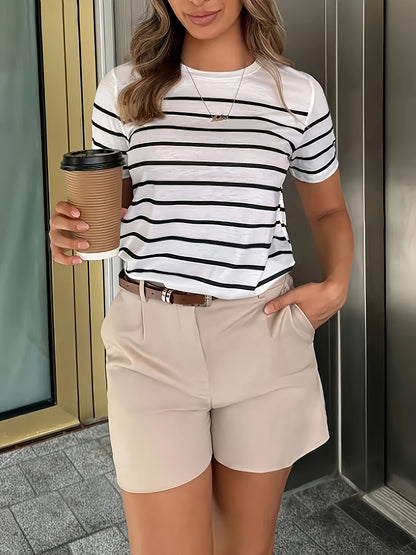 Women'S Y2K Green & White Striped T-Shirt - Casual, Versatile Top for Spring/Summer, Short Sleeve, Round Neck, Casual Attire | Casual Style | Glossy Finish
